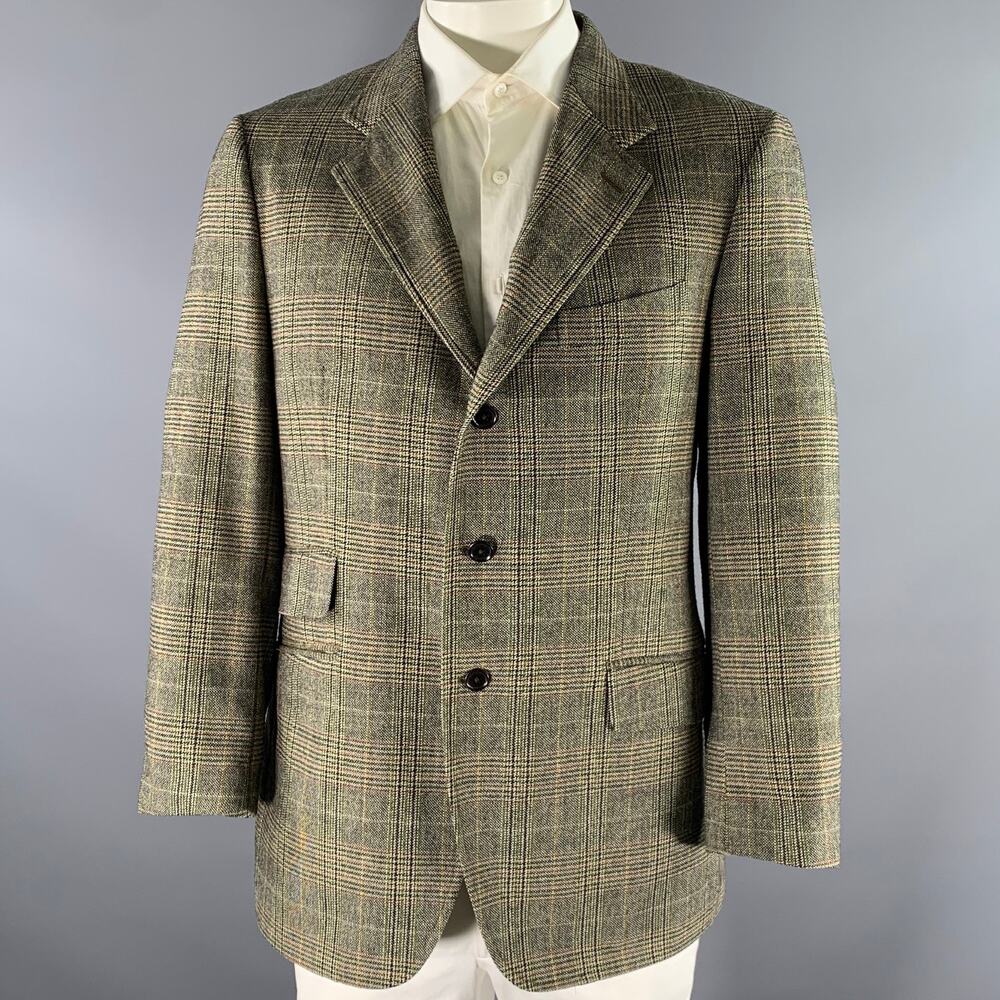 ETRO Size 46 Tan Olive Glen Check Wool Cashmere Notch Lapel Sport Coat